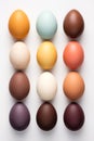 Overhead view of variety of multicolored eggs on white background. Easter Card