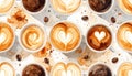 Overhead view of various coffee cups with latte art and scattered coffee beans Royalty Free Stock Photo