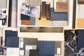 Overhead view of various patterned fabric swatches on table in office