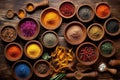 overhead view of various vibrant spices in wooden bowls