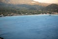 overhead view of Vasiliki town sea beach windsurfing Royalty Free Stock Photo