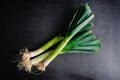 Overhead View of Whole Leeks on a Dark Background