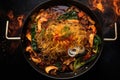 overhead view of wok with sizzling noodles