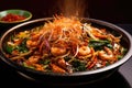 overhead view of wok with sizzling noodles