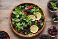 Overhead view of a wooden tray holding blackberries, lemon slices and basil leaves. AI generated. Royalty Free Stock Photo