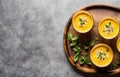 Overhead view of a wooden tray holding glasses of mango lassi. AI generated. Royalty Free Stock Photo
