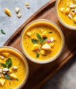 Overhead view of a wooden tray holding glasses of mango lassi, surrounded by bowls of fresh mango chunks and ground Royalty Free Stock Photo