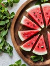 Overhead view of a wooden tray holding watermelon slices and mnt leaves. AI generated. Royalty Free Stock Photo