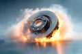 Overheated car disc brake is burning with smoke and fire on dark background Royalty Free Stock Photo