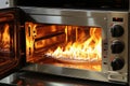 Overheated microwave emitting flames in a contemporary kitchen, potential fire hazard