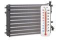 Overheating car radiator concept. Car radiator with thermometer, 3D rendering Royalty Free Stock Photo