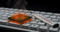 Overheating cpu on keyboard with thermometer showing high temperature and smoke coming out of the processor Royalty Free Stock Photo