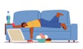 Overindulgence In Fast Food Caused The Obese Man To Fall Into A Deep Sleep On The Couch, Character Stomach Bloated