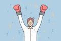 Overjoyed businessman in boxing gloves celebrate victory