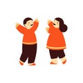 Overjoyed Chinese girl and boy in national costume rejoicing raising hands minimalist vector flat