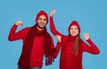 Overjoyed Couple Wearing Winter Hats Celebrating Success On Blue Studio Background Royalty Free Stock Photo