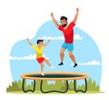 Overjoyed father and son jumping on trampoline Royalty Free Stock Photo