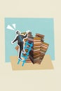 Overjoyed funny businessman climbing upstairs big ladder reach up to get new book pile stack private library fond of