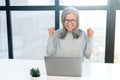 Overjoyed mature woman in casual wear screaming happily, excited lady got job hiring Royalty Free Stock Photo