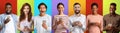 Overjoyed multiracial people using mobile phones and looking at camera, men and women posing on colored backgrounds Royalty Free Stock Photo