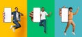 Overjoyed multiracial young guys jumping up in air, showing smartphones with mockup, banner design. Collage Royalty Free Stock Photo