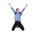 Overjoyed teenage guy jumping high in the air, hands raised up, gesturing happiness isolated on white. Excited boy celebrate the Royalty Free Stock Photo