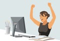 Overjoyed woman looking at computer, celebrating success, showing yes gesture, sitting at work desk, young female excited by good