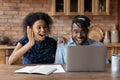 Overjoyed young african american family couple feeling surprised. Royalty Free Stock Photo