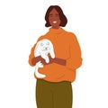 Overjoyed young woman holding a cute kitten in her arms, feeling love. Pets concept. Flat vector illustration isolated on white