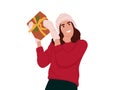Overjoyed young woman holding a gift.Holiday gift ,giveaway, love ,congratulation..Christmas, New Year celebration Vector