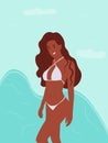 Overjoyed young woman in swimsuit on the background of the sea. Vector illustration.