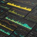 Overlapping digital dashboards display various graphs and charts. Dark backgrounds Royalty Free Stock Photo