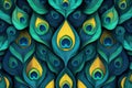 Overlapping pattern of vibrant peacock feathers featuring colorful hues and ample space for creative design elements