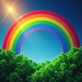 Overlapping rainbow segments, emerald trees below, overlay, vivid