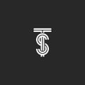 Overlapping TS or ST initials logo monogram black and white parallel lines intersection shapes, combination two letters T and S