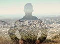 Overlay of man, double exposure of city and forest standing confident in urban town or nature. Portrait, runner and