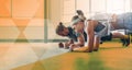 Overlay, plank and couple at the gym for fitness, exercise and health together in marriage. Focus, sports and a man and Royalty Free Stock Photo