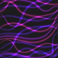 Overlaying semitransparent curved lines forming an abstract wavy pattern with light effects. Purple and pink neon on a