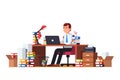 Overloaded business man doing office document paperwork sitting at cluttered desk working on laptop computer Royalty Free Stock Photo