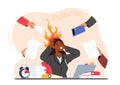 Overloaded Business Woman Holding Burning Head with Hands Sitting at Workplace with Messy Documents Heap in Office