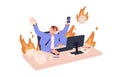 Overloaded busy multitasking person in fire missing business deadlines, hurrying with burning tasks. Work stress and bad