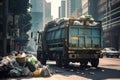 overloaded full garbage containers on the street and waste truck parked near a busy city street