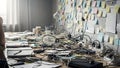 Overloaded office desk with tangled cables and wall of sticky notes Royalty Free Stock Photo
