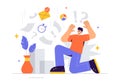 Overloading Vector Illustration of a Busy Employee Multitasking to Complete Numerous Documents and Digital Tasks in a Flat Style