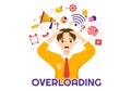 Overloading Vector Illustration with Busy work and Multitasking Employee to Finish Many Documents or Digital Information