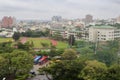 Overlook the athletic field of meilun junior high school in rain