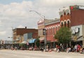 Overlook of downtown during a parade in small town America