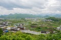 Overlook to old-fashioned buildings on fringe of Qingyan town