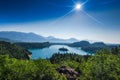 overlooking Bled lake panoramic vista in full summer sun