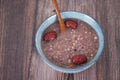 Overlooking a bowl of eight treasures porridge and wooden spoon